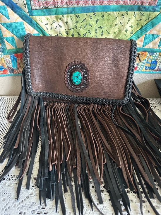 American Darling Handbags - American Darling Brown Leather Fringe Crossbody with Turquoise Accent